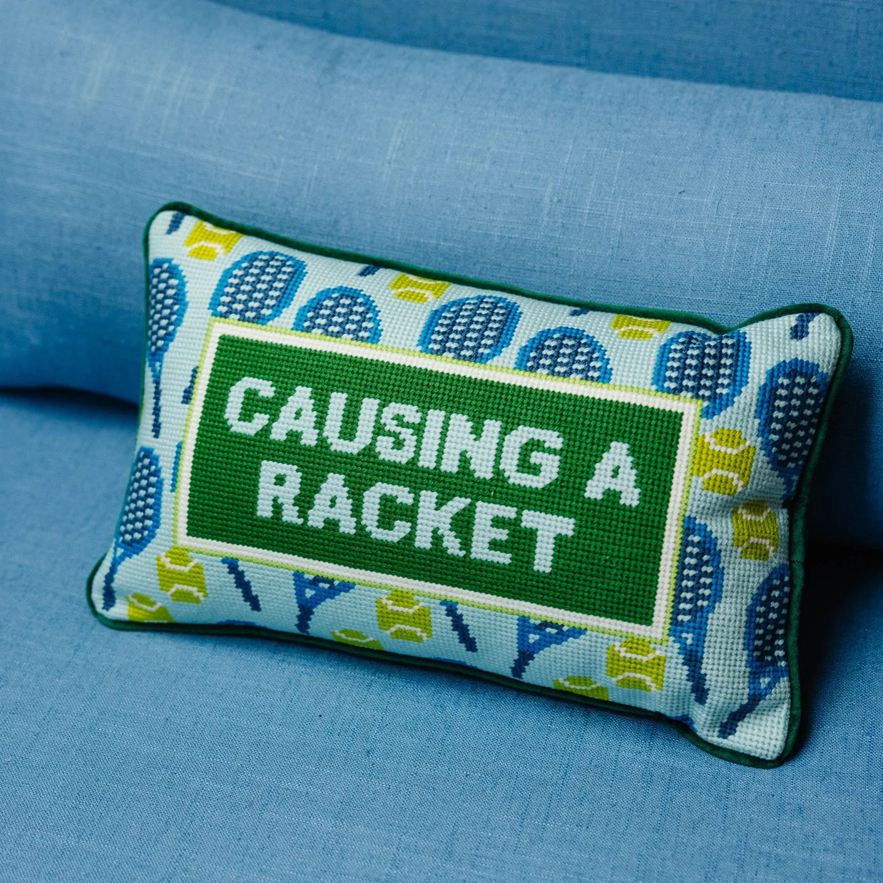 Causing a Racket Needlepoint Pillow by Furbish