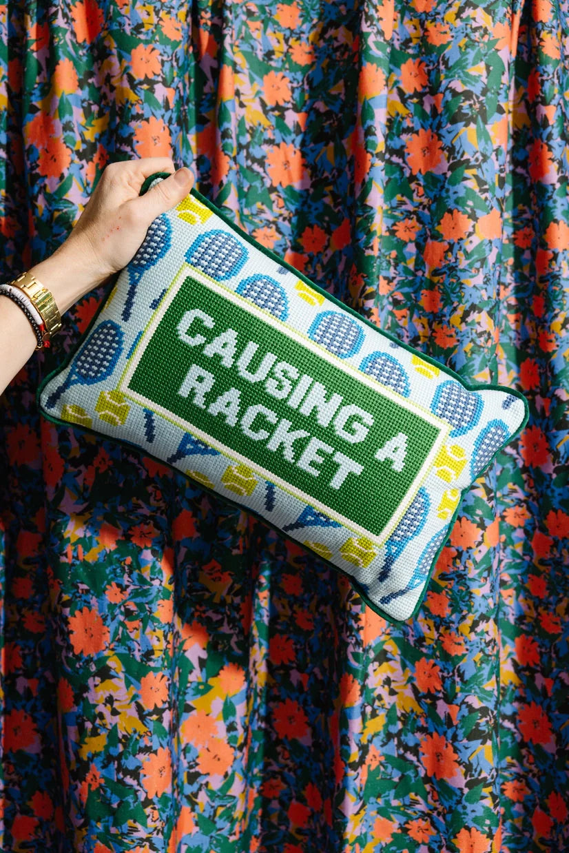 Causing a Racket Needlepoint Pillow by Furbish