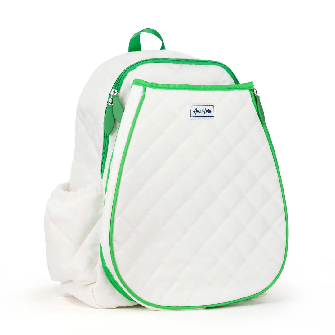 Ame & Lulu Game On Tennis Backpack – White Quilted Tennis Bag with Green Piping