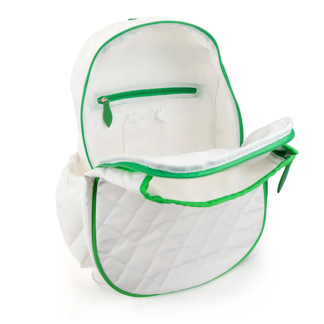 Ame & Lulu Game On Tennis Backpack – White Quilted Tennis Bag with Green Piping