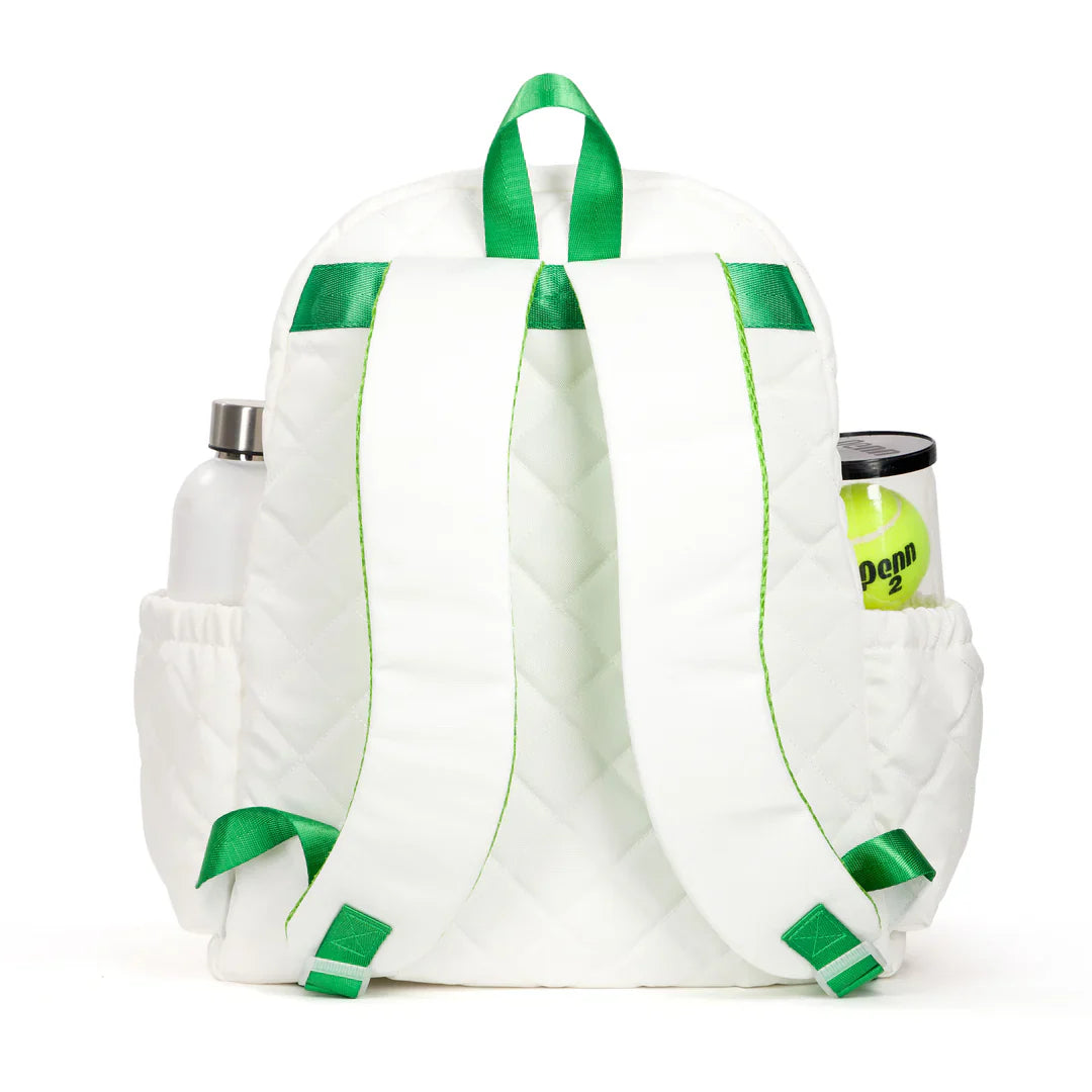 Ame & Lulu Game On Tennis Backpack – White Quilted Tennis Bag with Green Piping