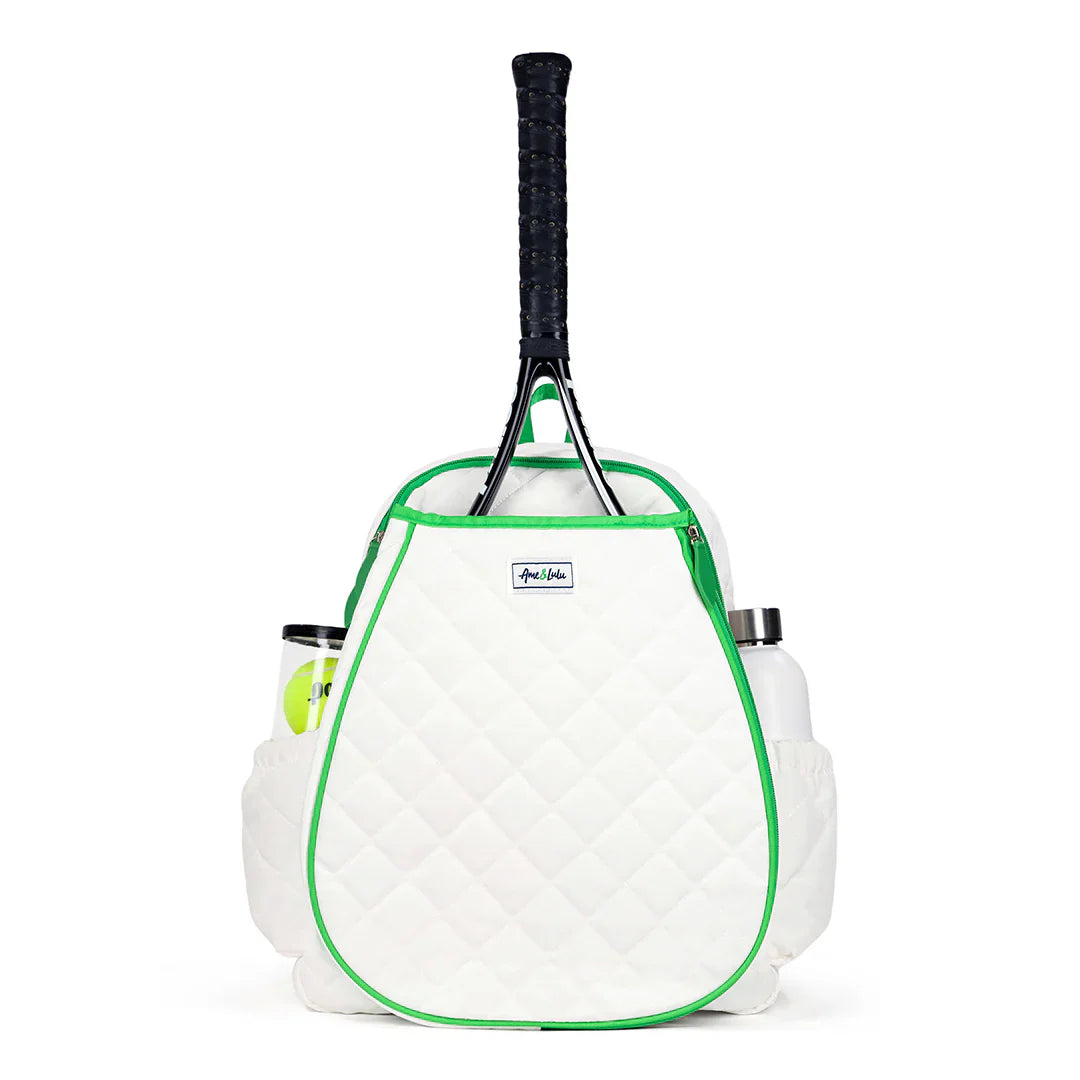 Ame & Lulu Game On Tennis Backpack – White Quilted Tennis Bag with Green Piping